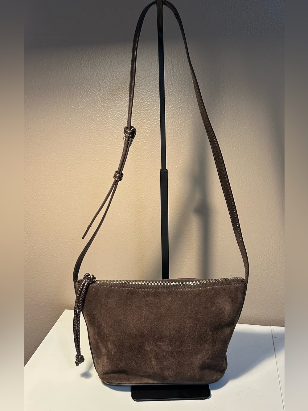 Zara Brown Suede Crossbody Bag Adjustable Strap Zip Closure
